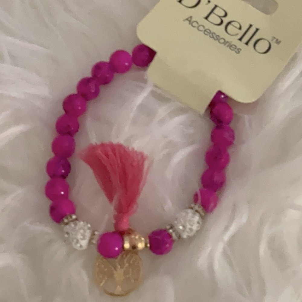 Pretty D’bello Pink Black Marble Rhinestone Tassel Bracelet
